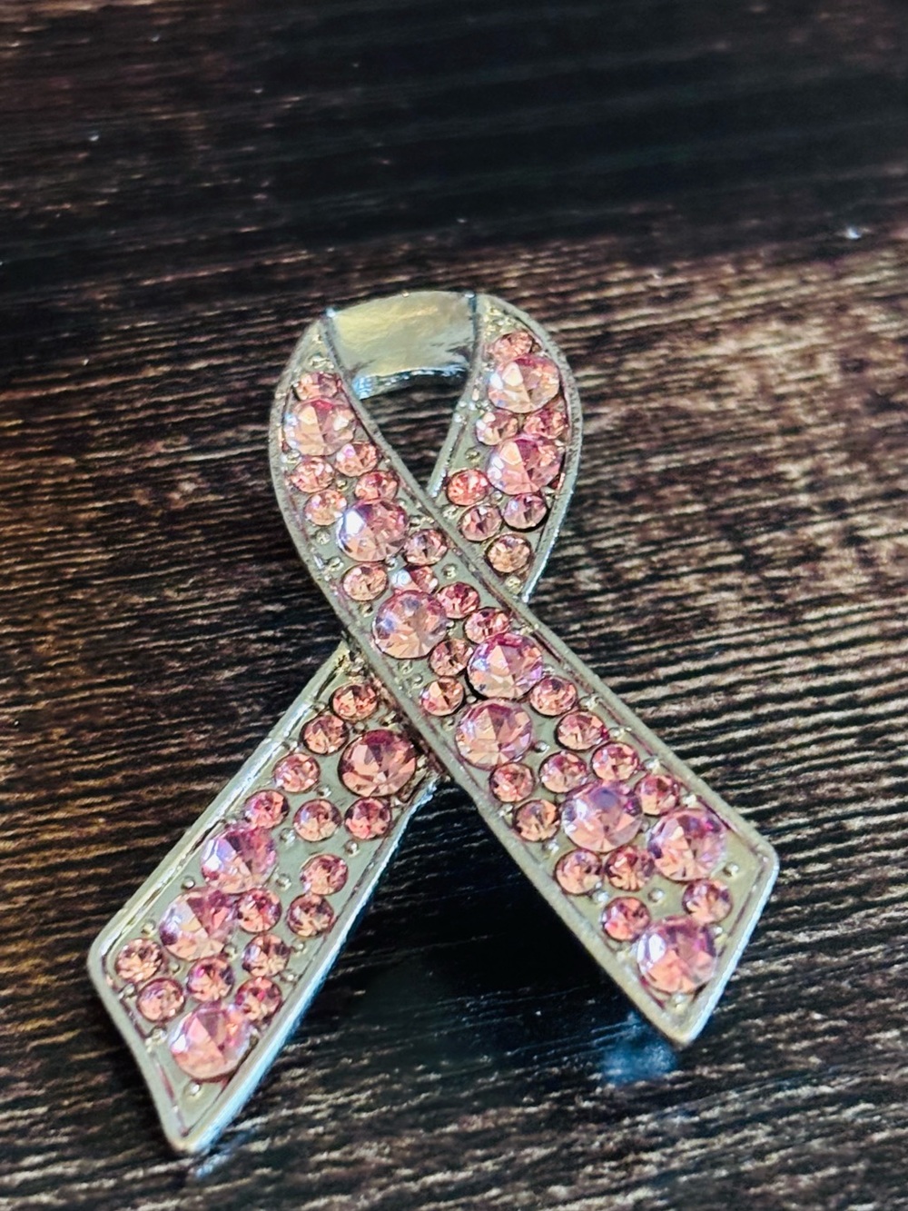 Pink‎ Rhinestone Breast Cancer Awareness Ribbon Brooch Pin Silver Tone Support - Picture 3 of 4